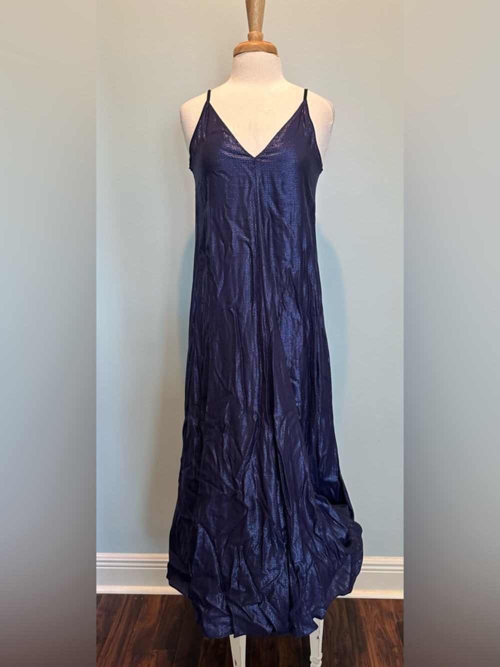 Forte Forte Lo Jacquard Italian Metallic Blue crinkle Maxi V Neck  Slip dress